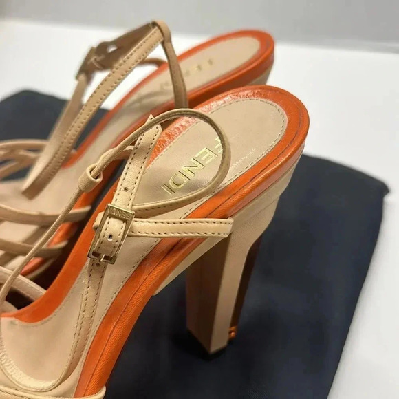 Fendi High Heel Pumps Shoes Ankle Strap Leather Designer Orange Tan Size 37 6.5 - Picture 8 of 14